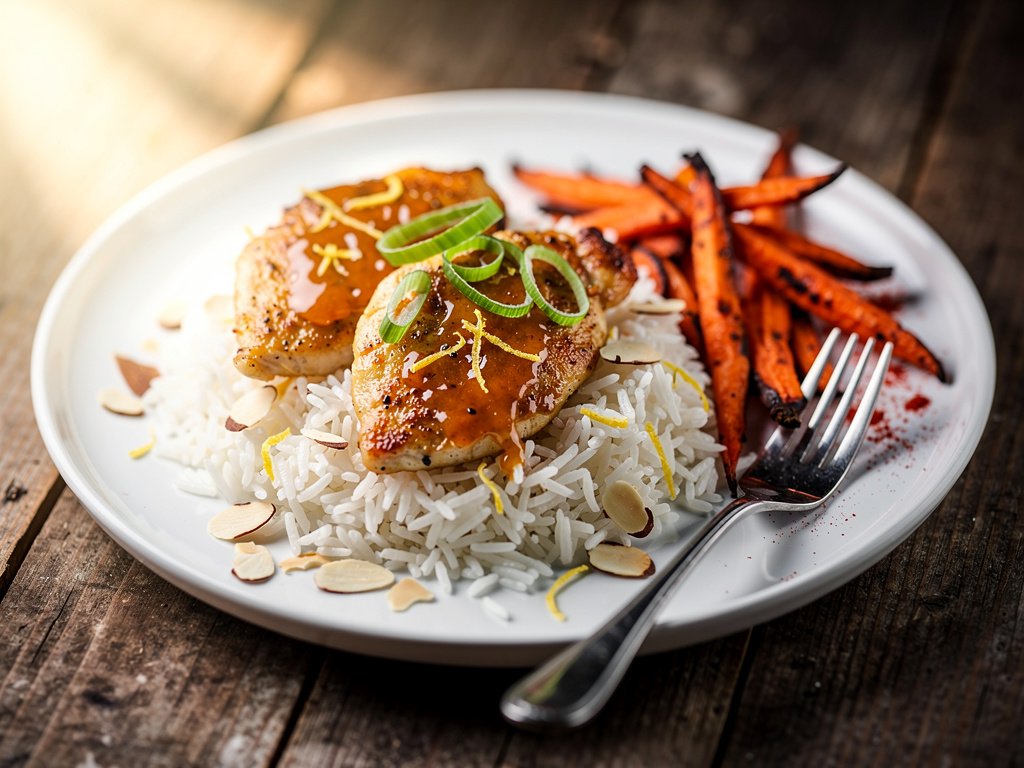 Turkish-Spiced Chicken with Apricot Sauce, Lemon Almond Rice, and Harissa Carrots