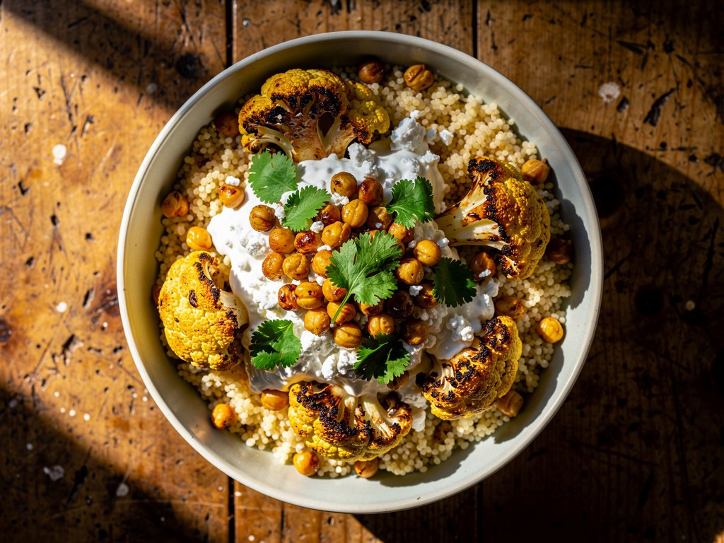 Turkish Spiced Chickpea and Cauliflower Bowls with Cilantro Couscous and Creamy Feta Sauce