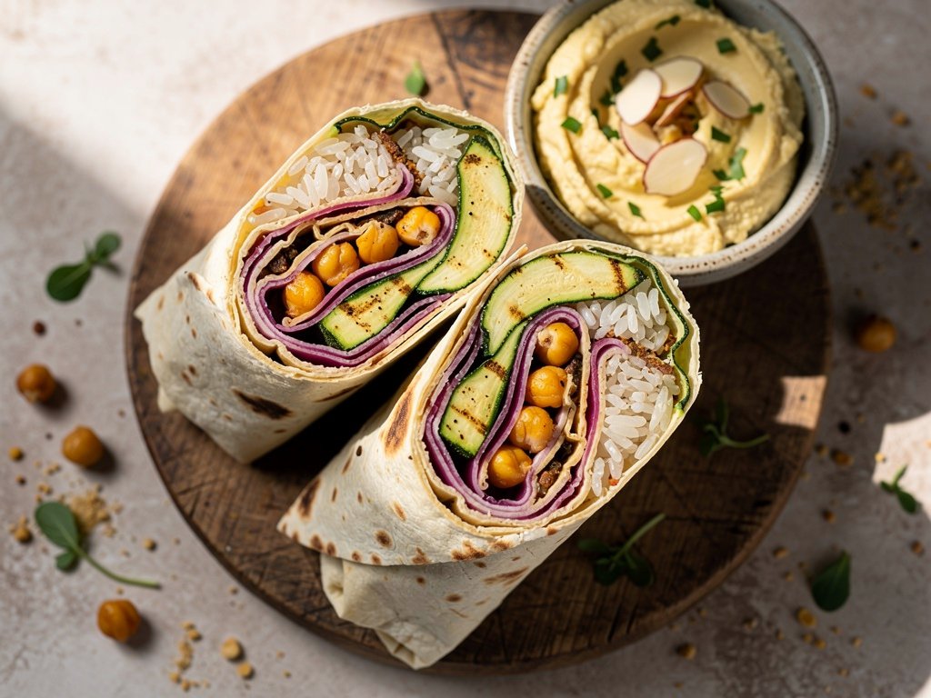 Turkish-Spiced Chickpea Wraps with Zucchini, Lemon Rice & Lemony Hummus