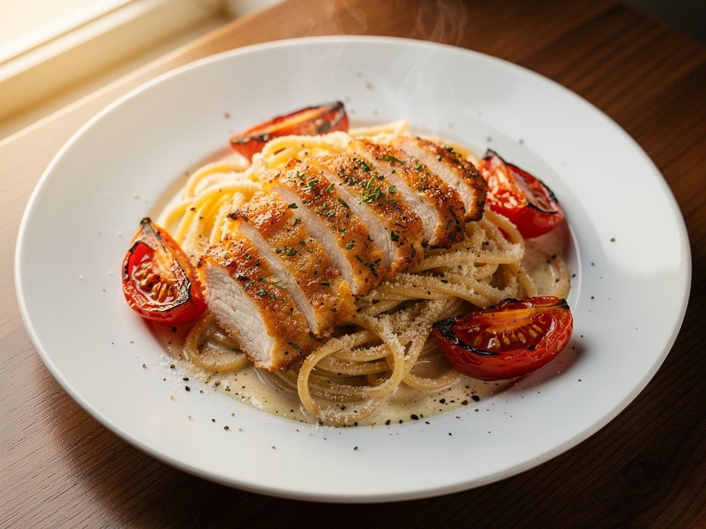 Tuscan Chicken with Garlic Parmesan Spaghetti and Roasted Tomatoes