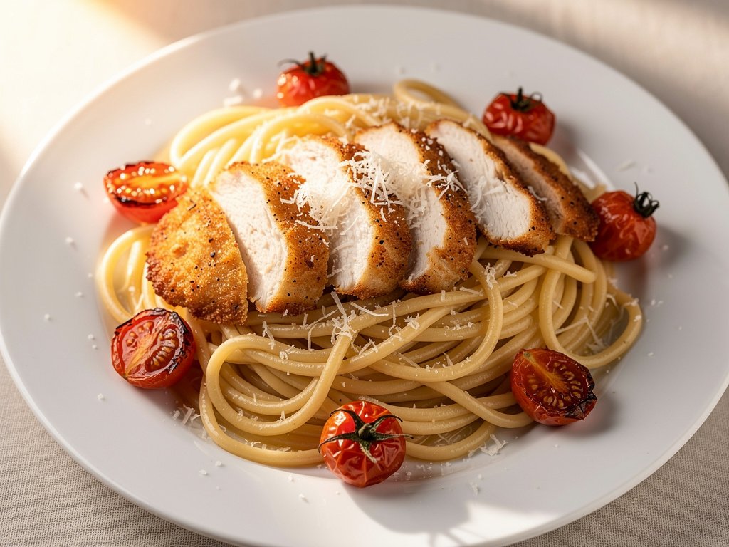 Tuscan Chicken with Garlic Parmesan Spaghetti and Roasted Tomatoes