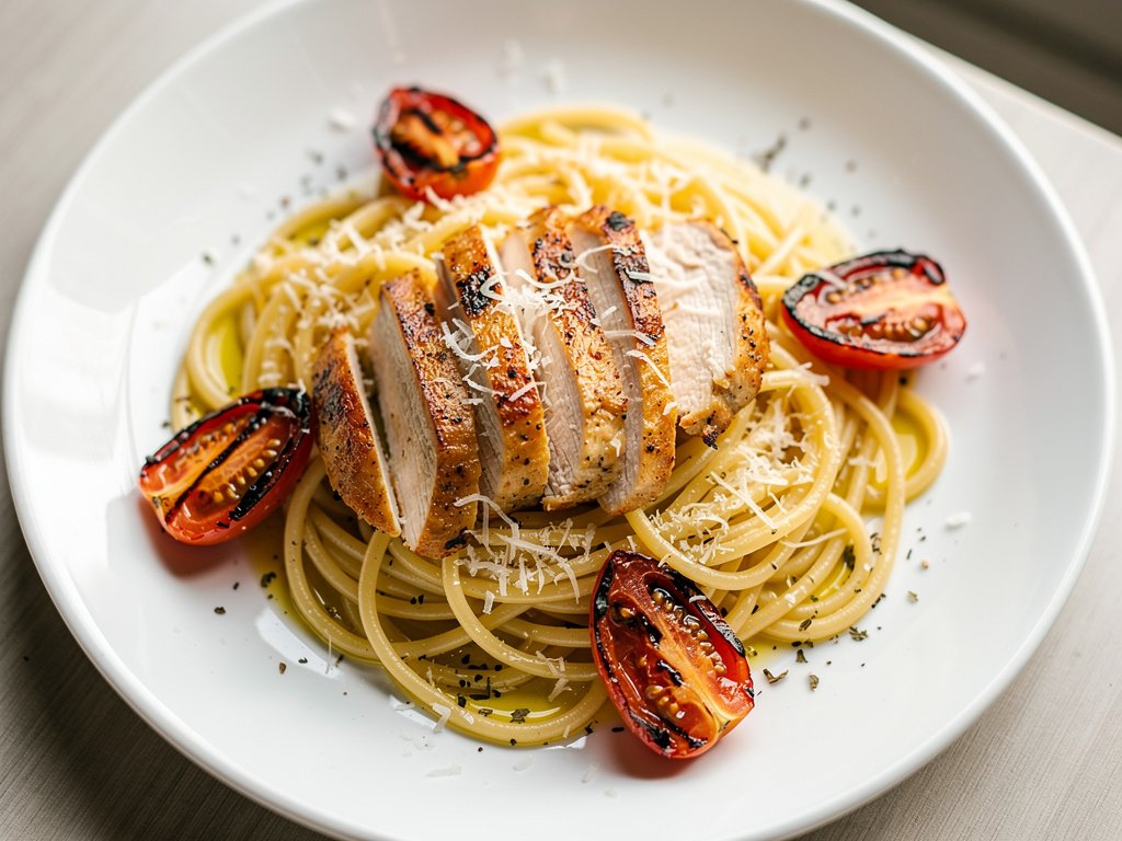 Tuscan Garlic Parmesan Spaghetti with Creamy Chicken and Roasted Tomatoes