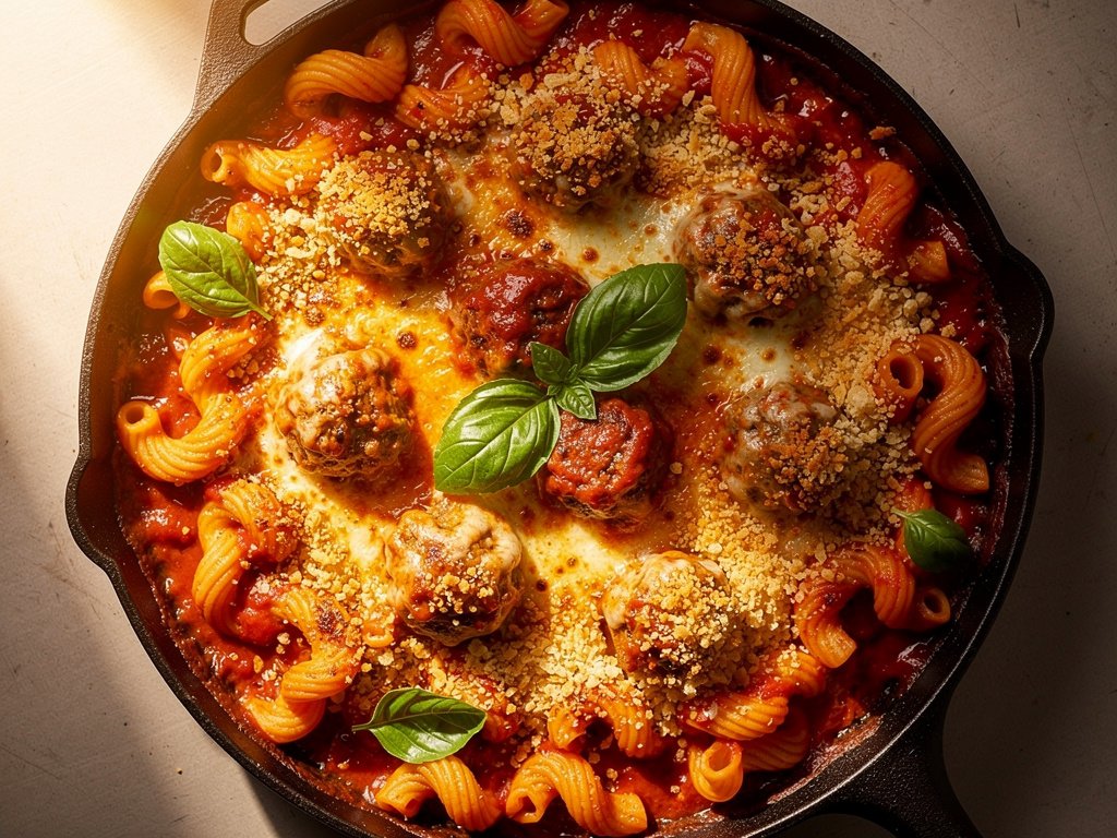 Tuscan-Style Mozzarella-Stuffed Meatball Pasta Bake with Crispy Panko