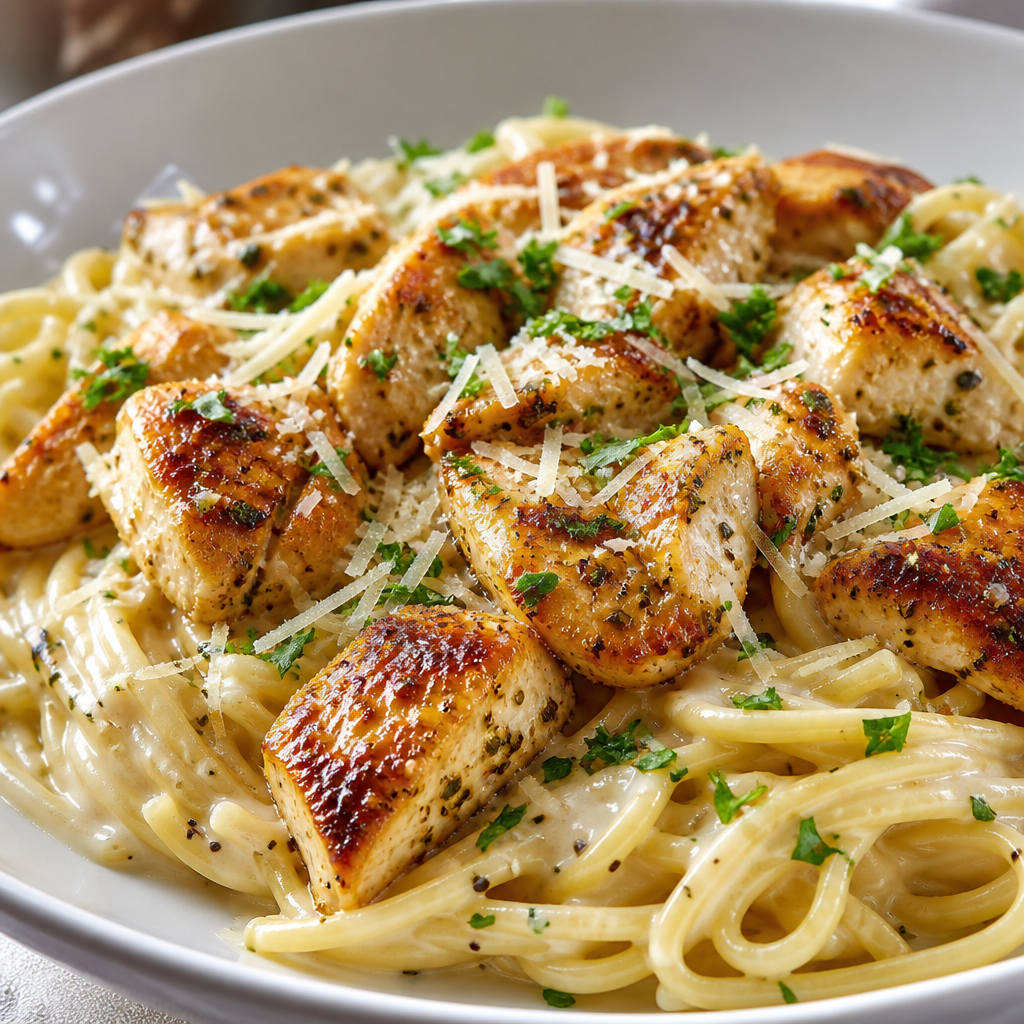 Tuscan-Spiced Chicken Spaghetti Alfredo with Garlic Herb Butter