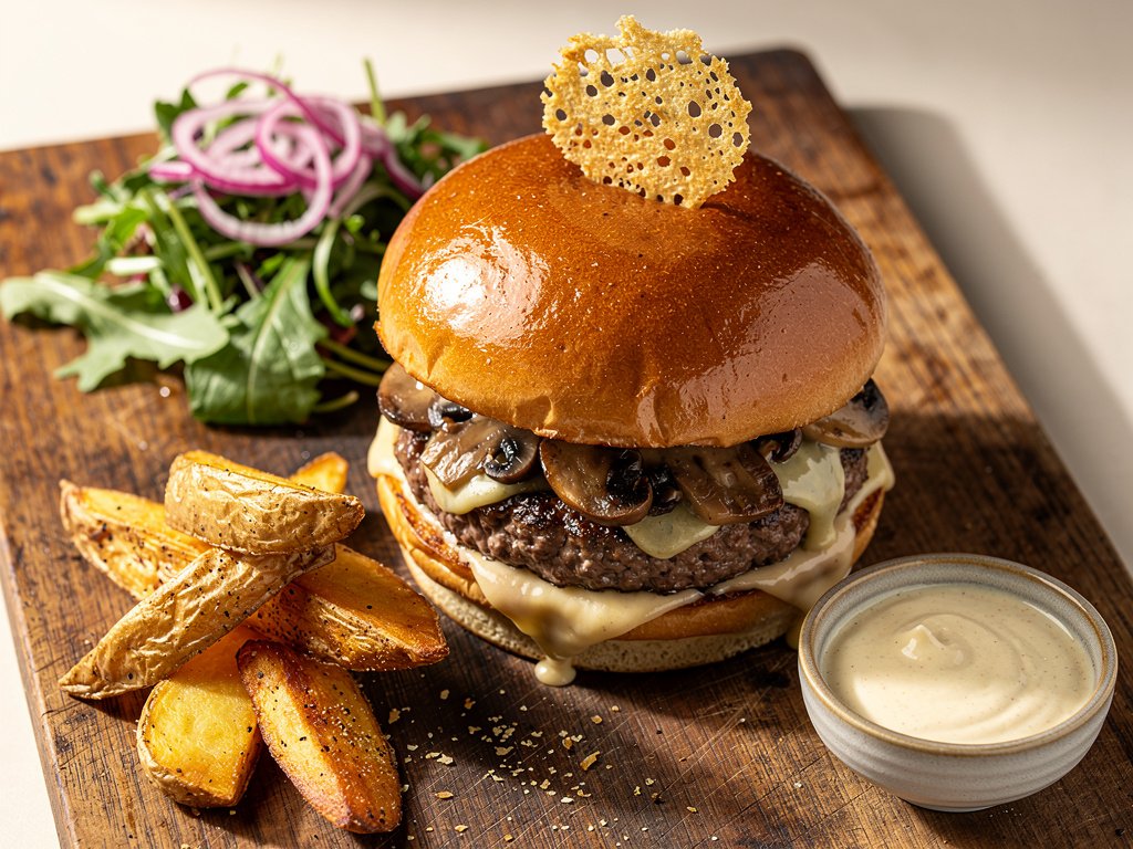 Ultimate Truffle Burgers with Parmesan Frico and Crispy Potato Wedges