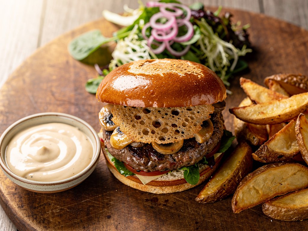 Ultimate Truffle Burgers with Parmesan Frico and Potato Wedges