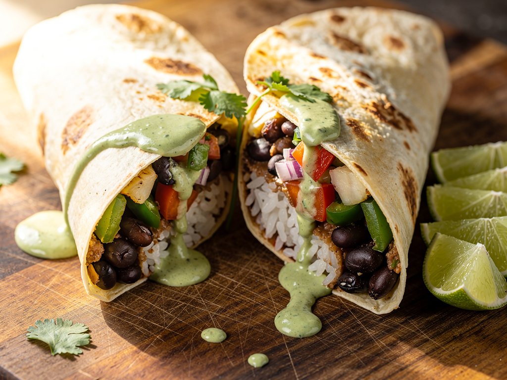 Spicy Vegan Black Bean and Pepper Burrito with Cilantro Lime Sauce