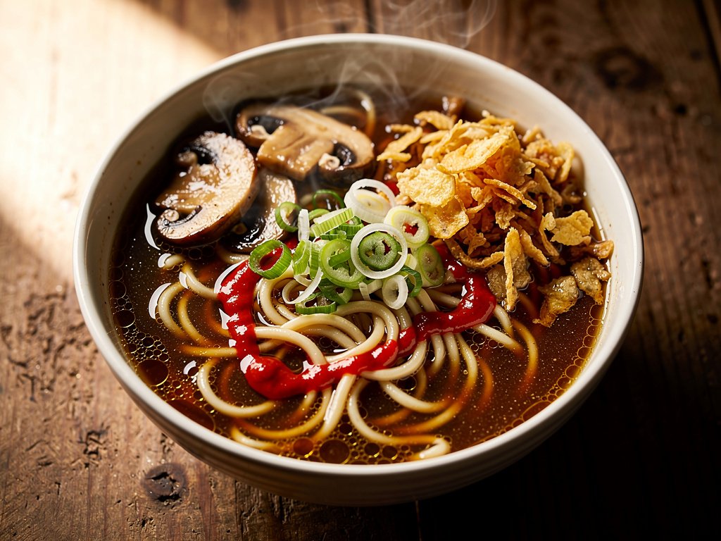 Vegan Miso Ramen with Ginger-Soy Mushrooms and Crispy Onions