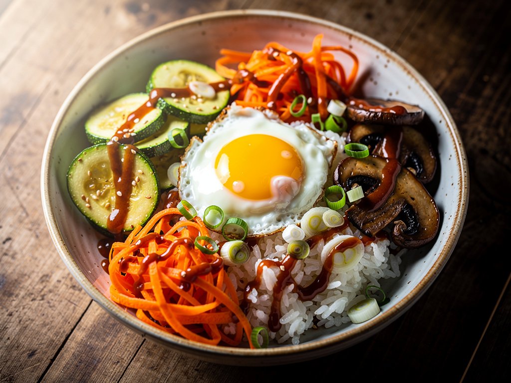 Vegetable Bibimbap Bowl with Fried Egg and Sesame Sriracha Sauce
