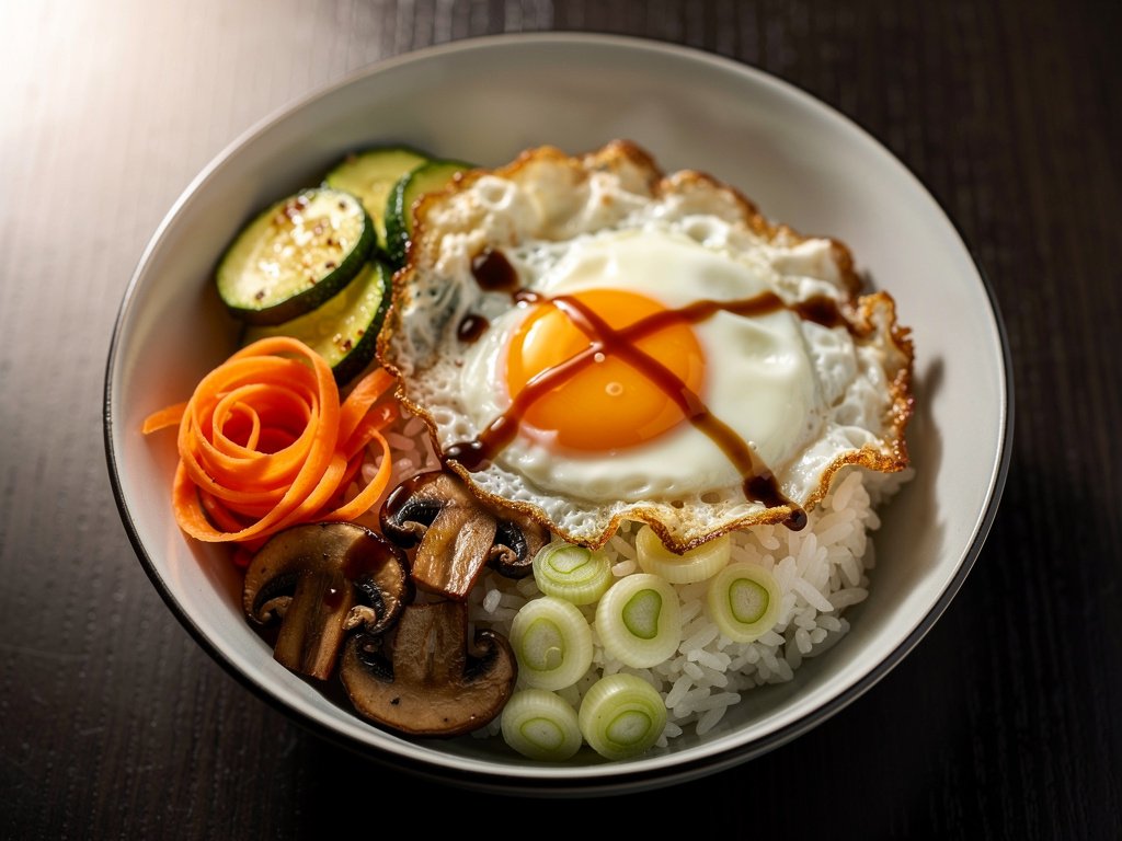 Vegetable Bibimbap Bowl with Fried Egg and Sweet Sesame Sauce