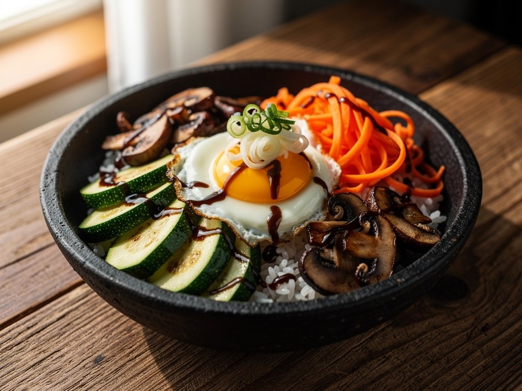 Vegetable Bibimbap Bowls with Sweet Sesame Sauce and Fried Egg