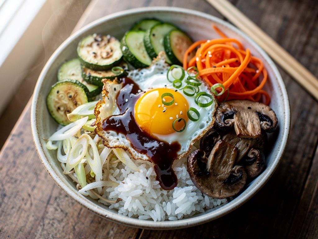 Vegetarian Bibimbap Bowls with Zucchini, Mushrooms, and Sweet Sesame Sauce