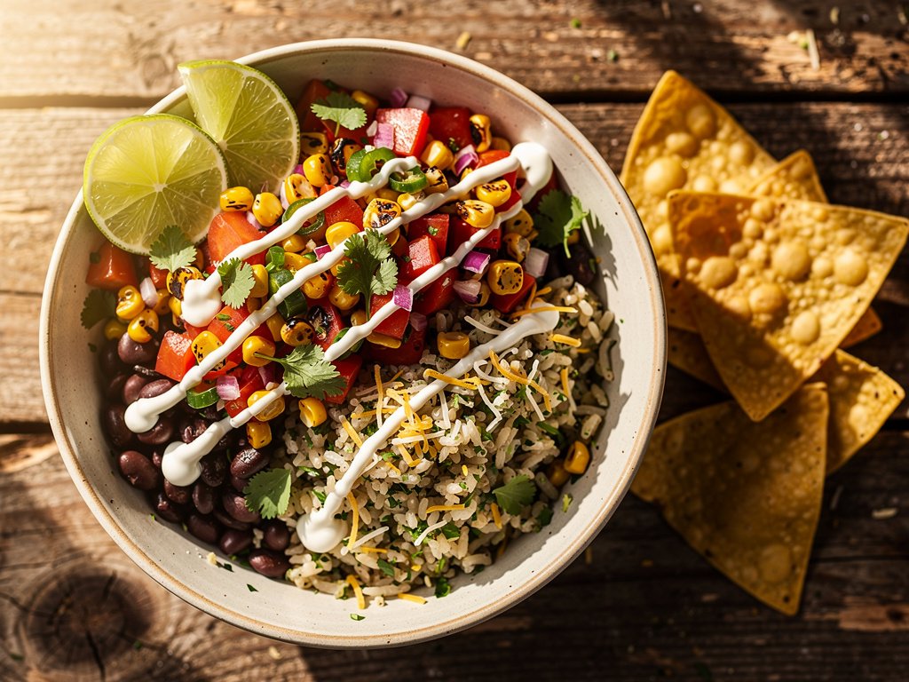 Vegetarian Burrito Bowls with Charred Corn Salsa and Lime Crema