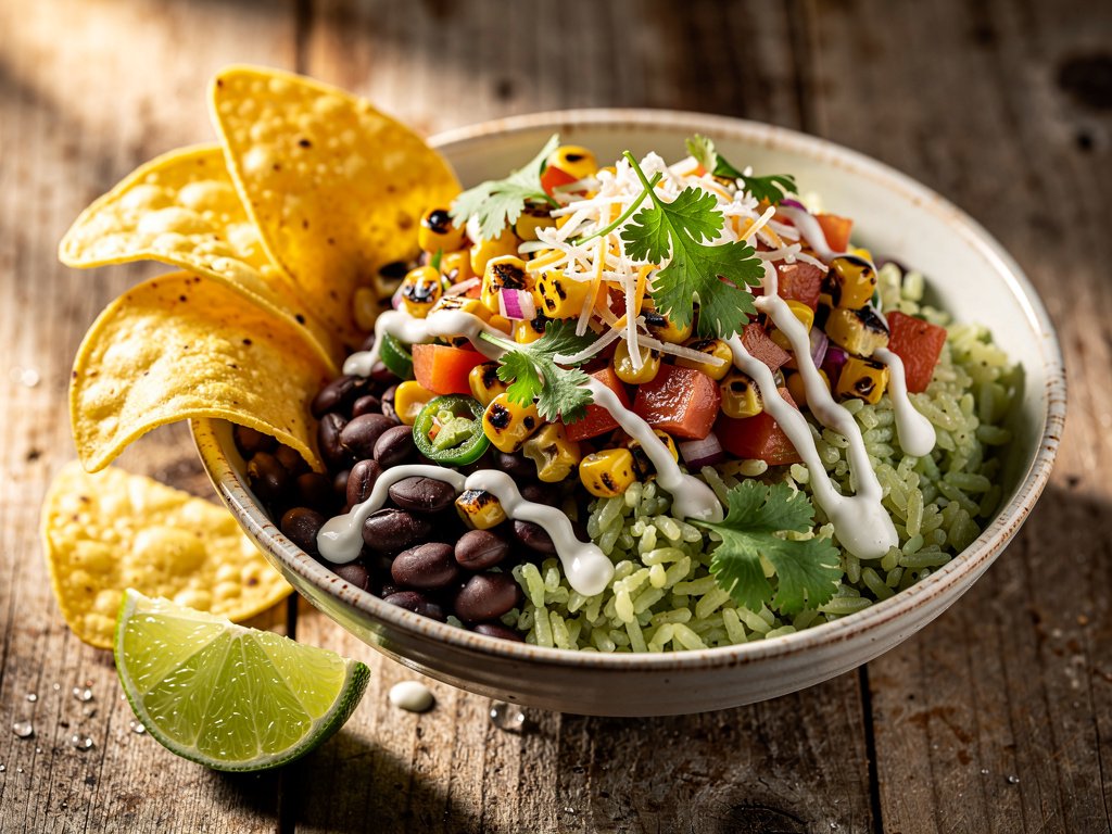 Vegetarian Burrito Bowls with Charred Corn Salsa and Lime Crema
