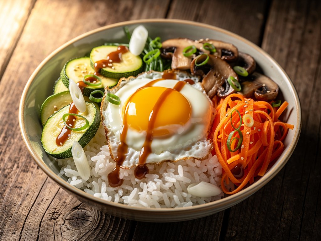 Veggie Bibimbap Bowls with Sweet Sesame Sauce and Fried Egg