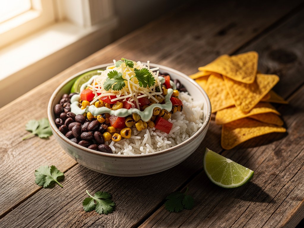 Veggie Burrito Bowls with Charred Corn Salsa and Lime Crema
