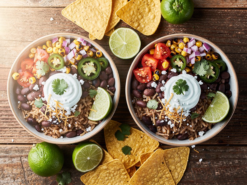 Loaded Veggie Burrito Bowls with Charred Corn Salsa and Lime Crema