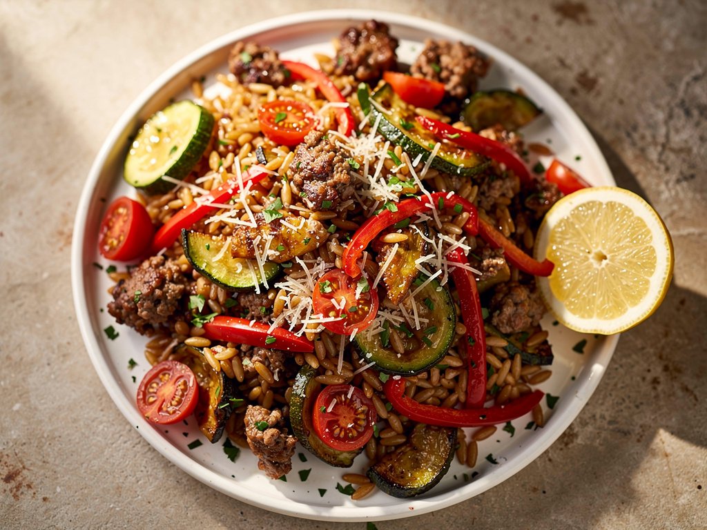Veggie-Packed Orzo with Italian Sausage and Lemon Parmesan