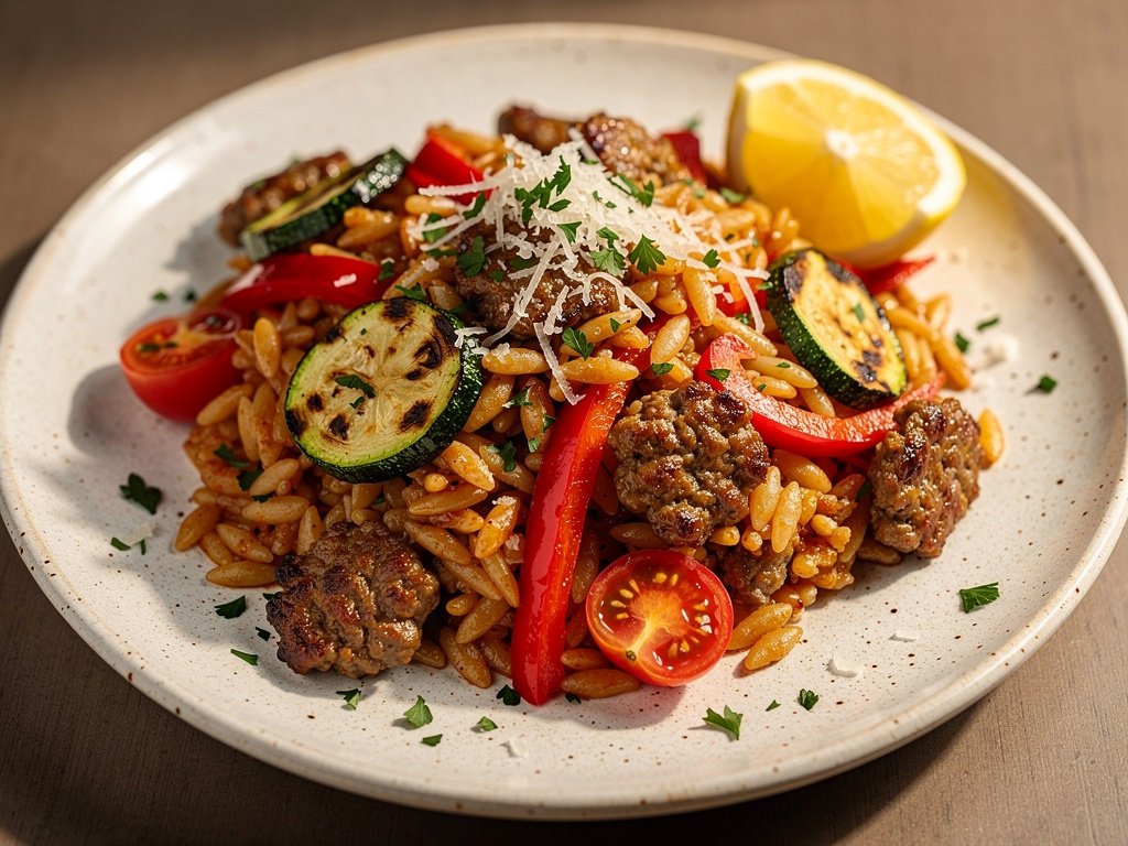 Veggie-Packed Sausage and Orzo Skillet