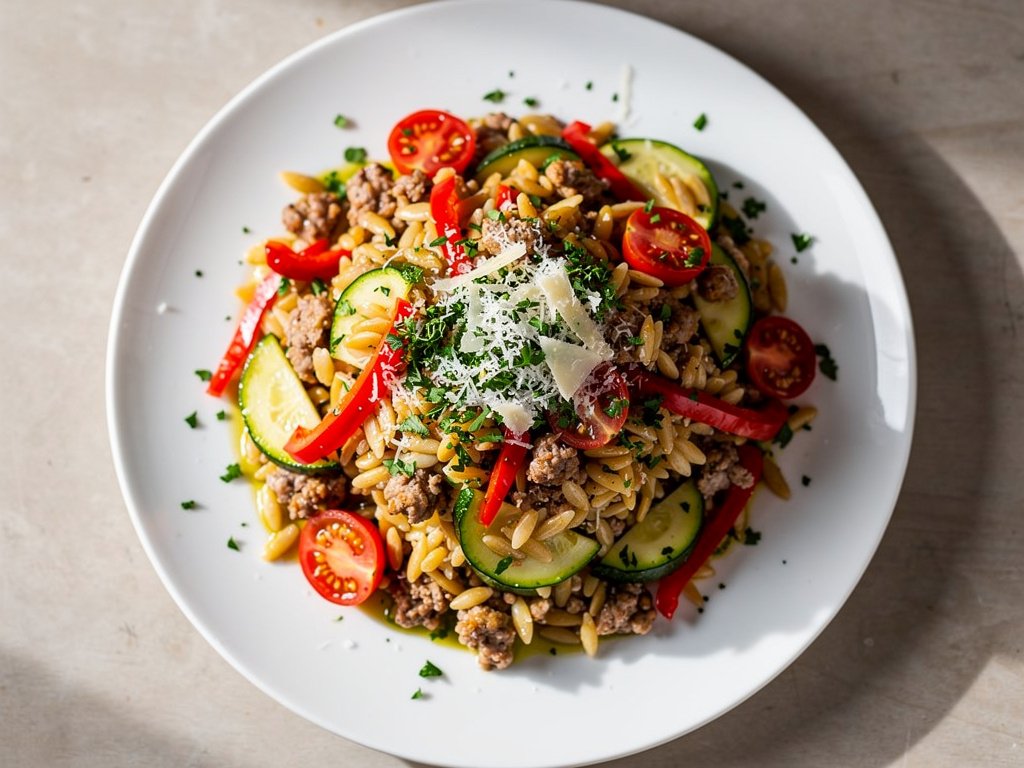 Veggie-Packed Sausage Orzo with Zucchini, Tomatoes & Bell Pepper
