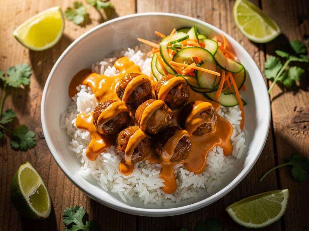 Vietnamese-Inspired Meatball Rice Bowls with Pickled Veggies and Sriracha Lime Mayo