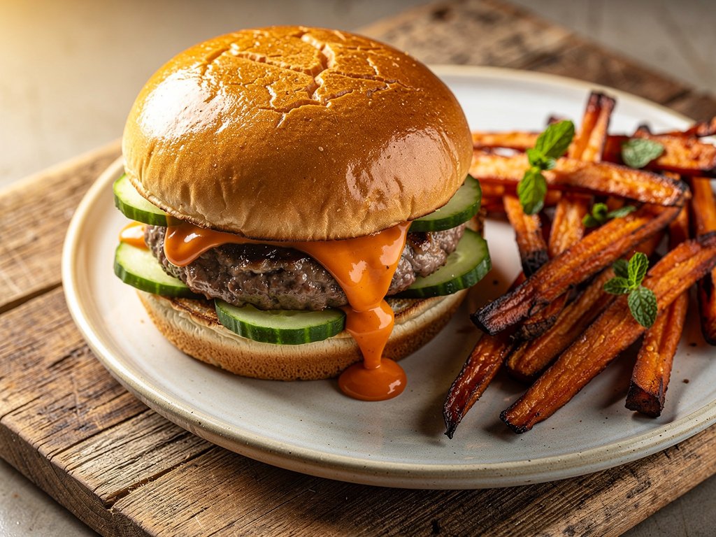 Vietnamese Lemongrass Pork Burgers with Sriracha Mayo and Carrot Fries