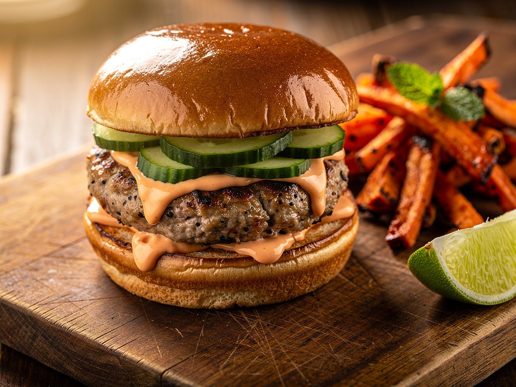 Vietnamese Lemongrass Pork Burgers with Sriracha Mayo and Carrot Fries