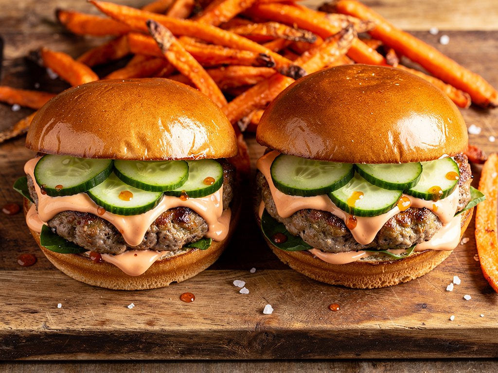 Vietnamese Lemongrass Pork Burgers with Sriracha Mayo and Carrot Fries
