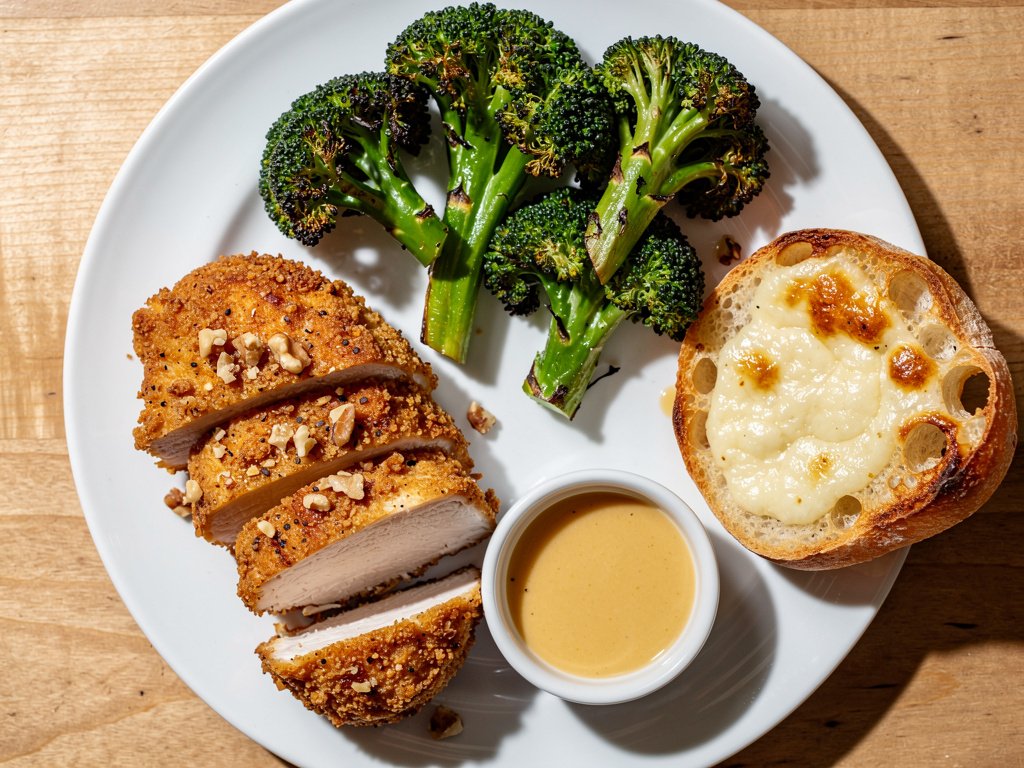 Crunchy Walnut-Crusted Chicken with Cheesy Ciabatta and Roasted Broccoli