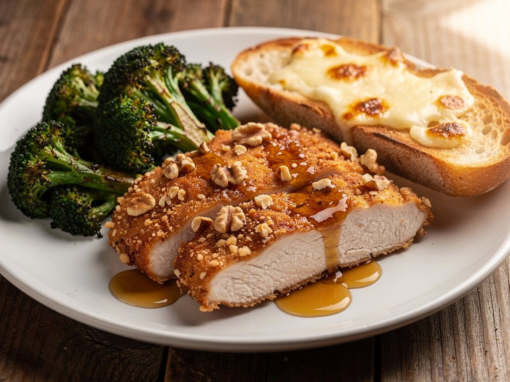 Walnut-Crusted Chicken with Honey Dijon Sauce and Roasted Broccoli