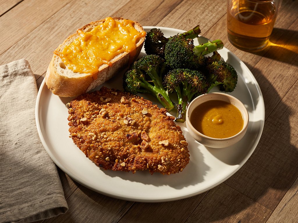 Walnut-Crusted Chicken with Cheesy Ciabatta and Roasted Broccoli