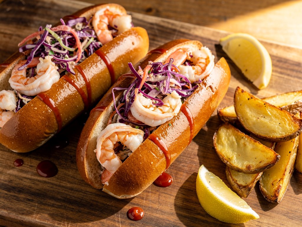 Warm Buttered Shrimp Rolls with Creamy Lemon Slaw and Roasted Potato Wedges