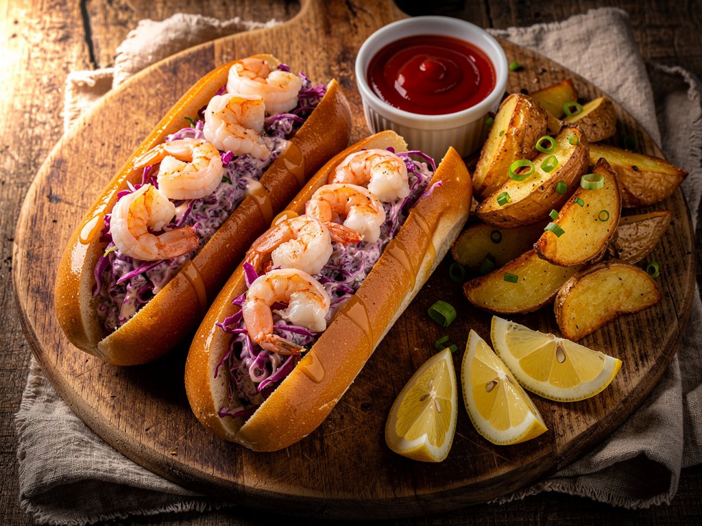 Warm Buttered Shrimp Rolls with Creamy Lemon Slaw and Roasted Potato Wedges