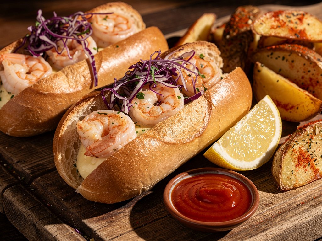 Warm Buttered Shrimp Rolls with Creamy Lemon Slaw and Garlic Potato Wedges