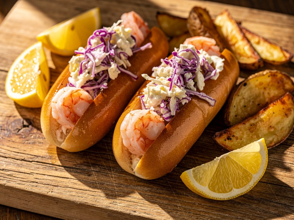 Warm Buttered Shrimp Rolls with Creamy Lemon Slaw and Roasted Potato Wedges