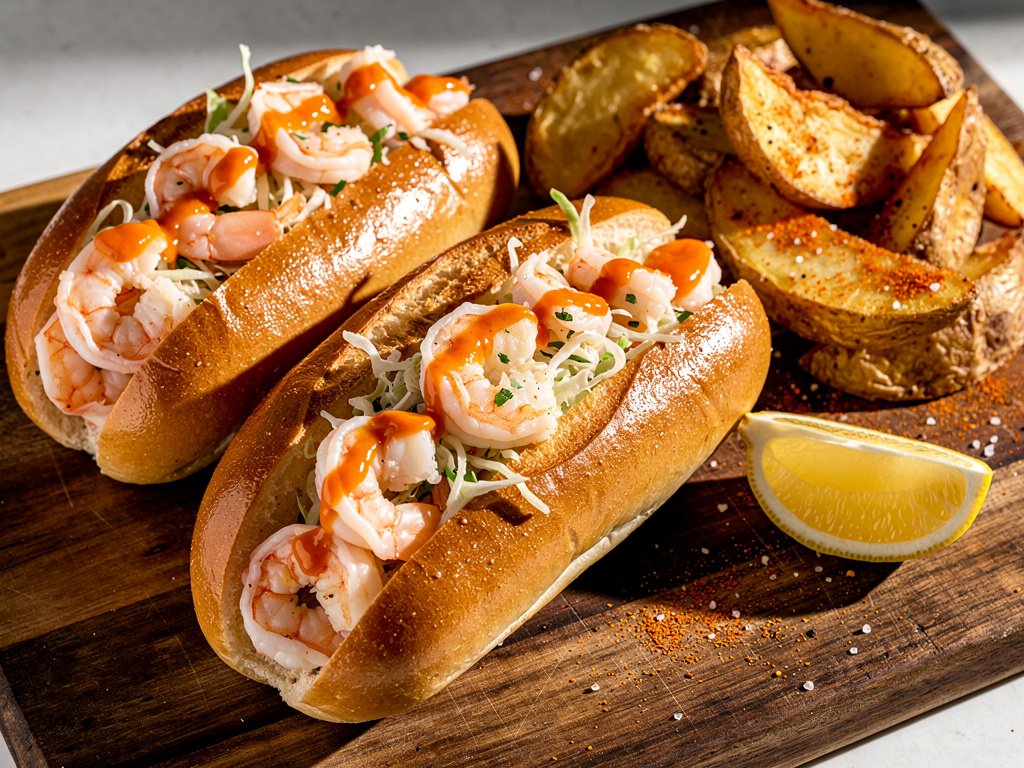 Warm Buttered Shrimp Rolls with Creamy Lemon Slaw and Potato Wedges
