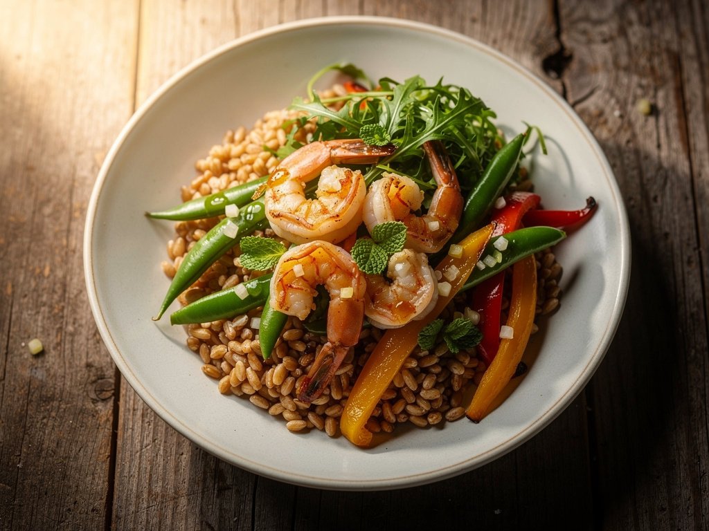 Warm Farro and Shrimp Bowl with Lemon Shallot Dressing
