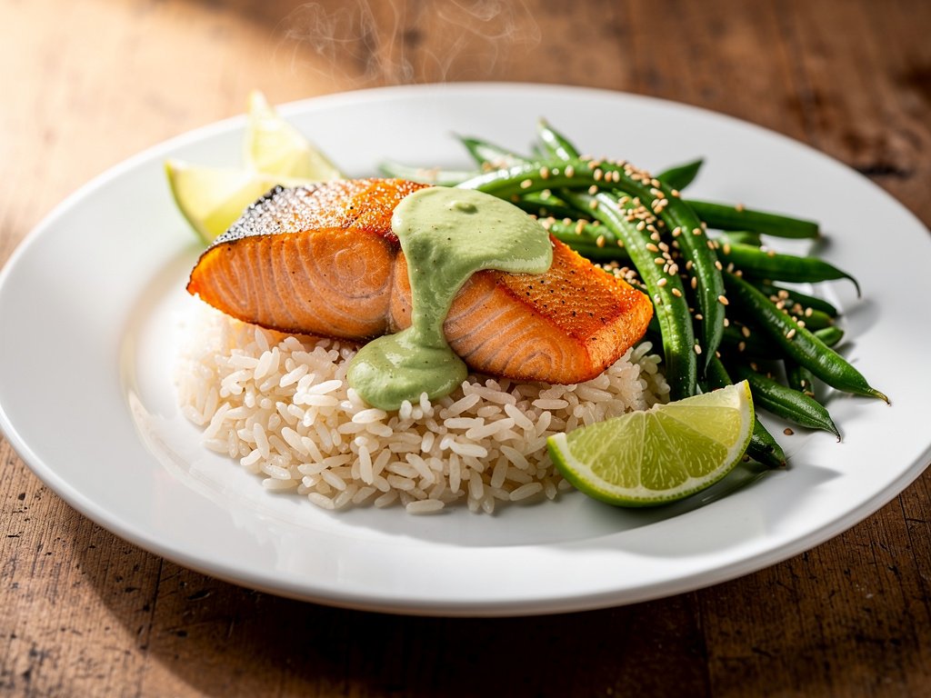 Wasabi Lime Salmon with Sesame Green Beans and Jasmine Rice