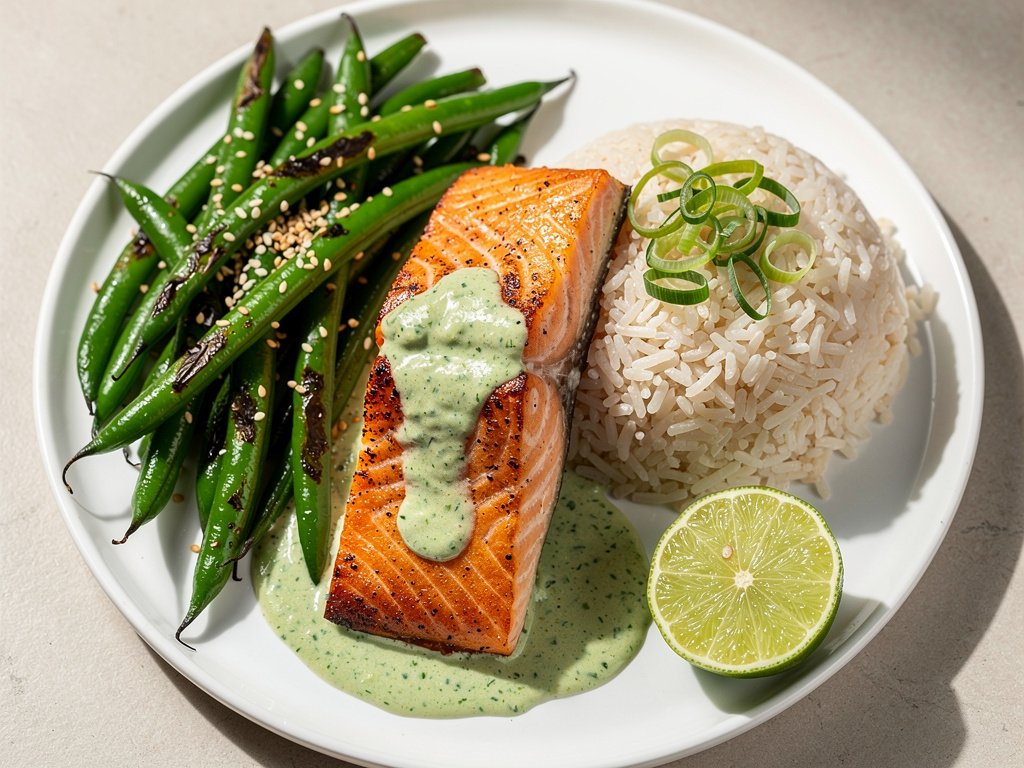 Wasabi Lime Salmon with Sesame Green Beans and Jasmine Rice