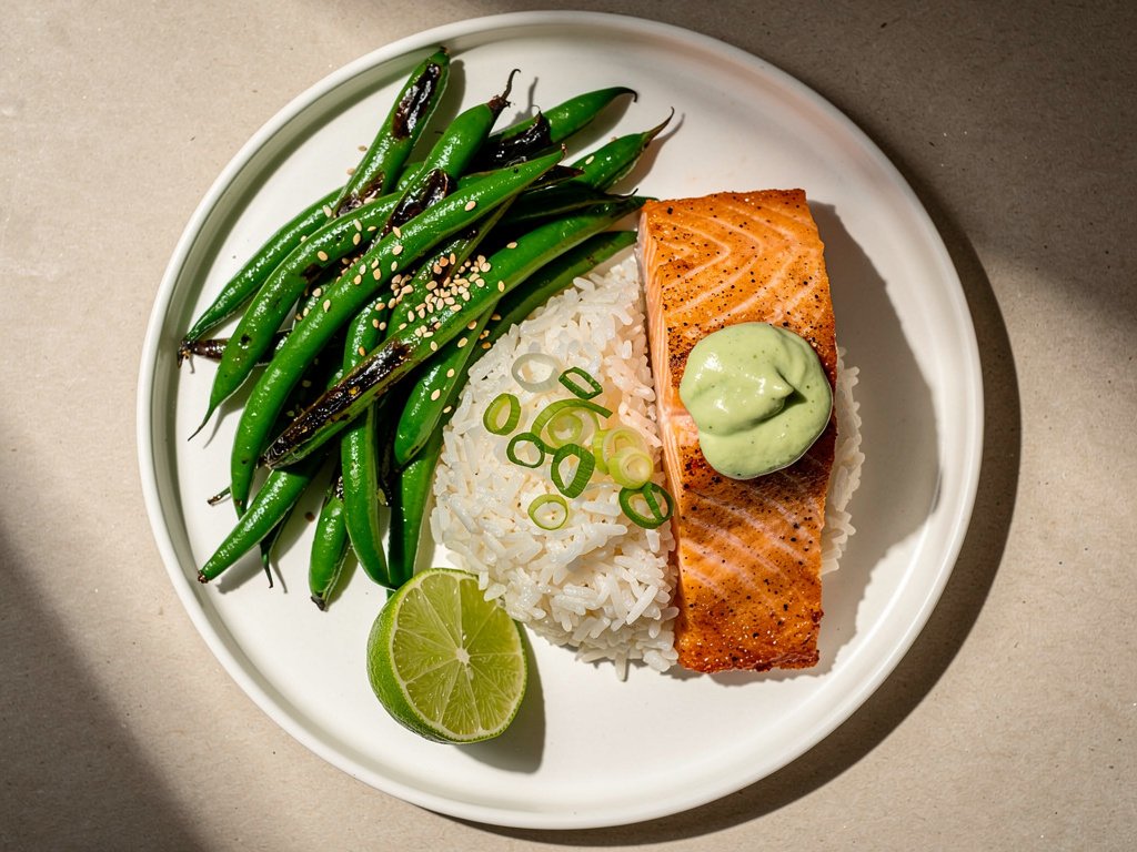 Wasabi Lime Salmon with Sesame Green Beans and Jasmine Rice