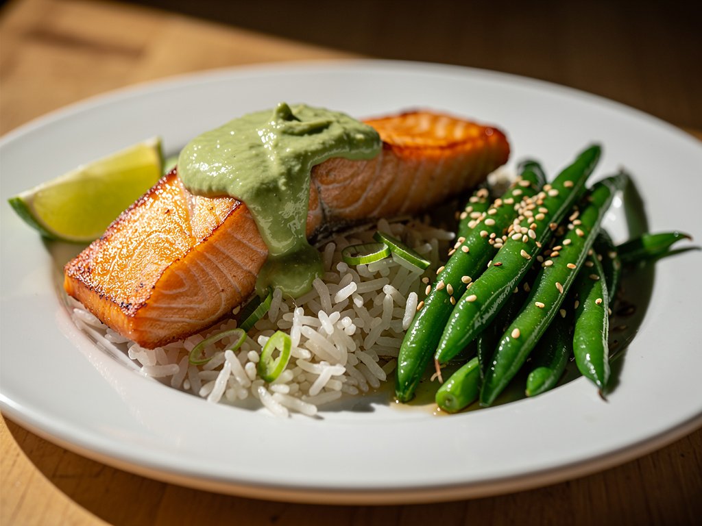 Wasabi Lime Salmon with Sesame Green Beans and Scallion Rice