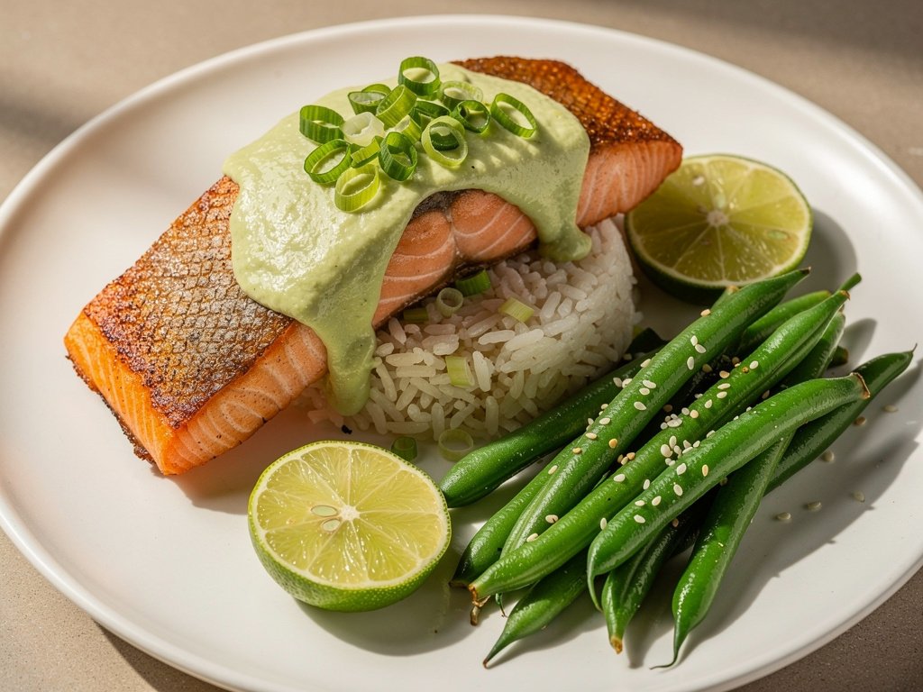 Wasabi Lime Salmon with Sesame Green Beans and Scallion Rice