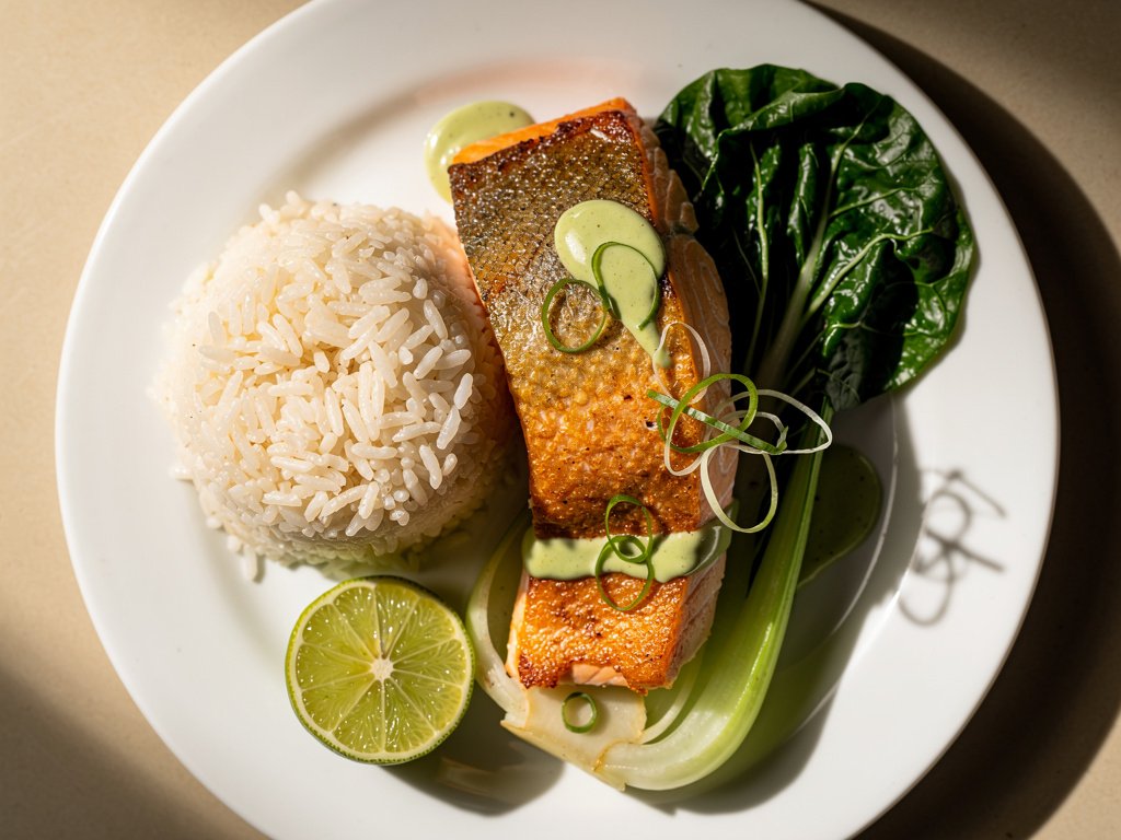 Wasabi Lime Salmon with Soy-Simmered Rice and Baby Bok Choy