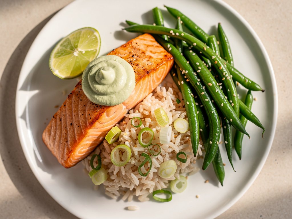 Wasabi Salmon with Sesame Green Beans and Jasmine Rice