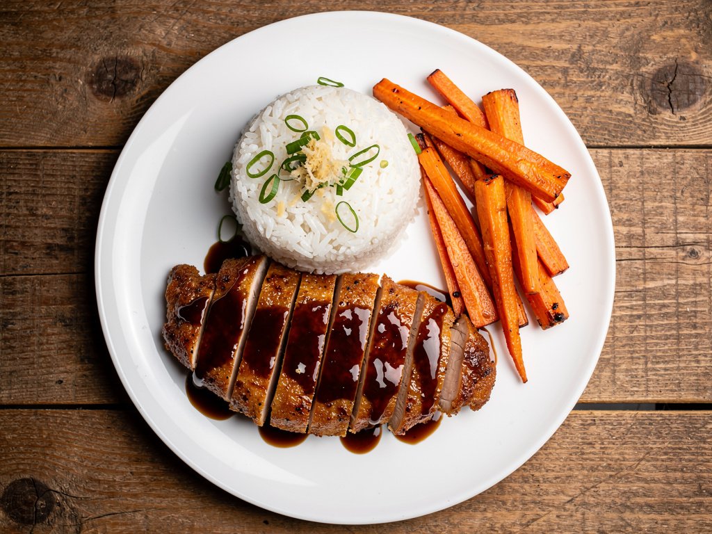 Wasabi Soy Glazed Chicken with Ponzu Roasted Carrots and Ginger Rice