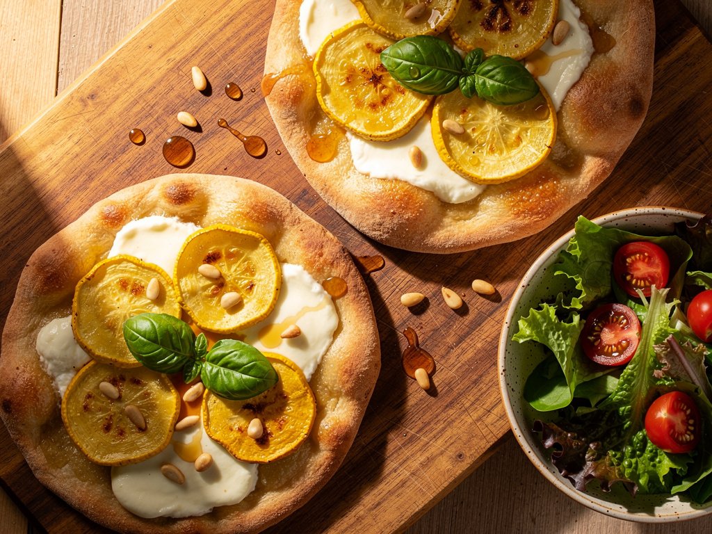 Yellow Squash Flatbreads with Mozzarella, Pine Nuts, and Chili Honey