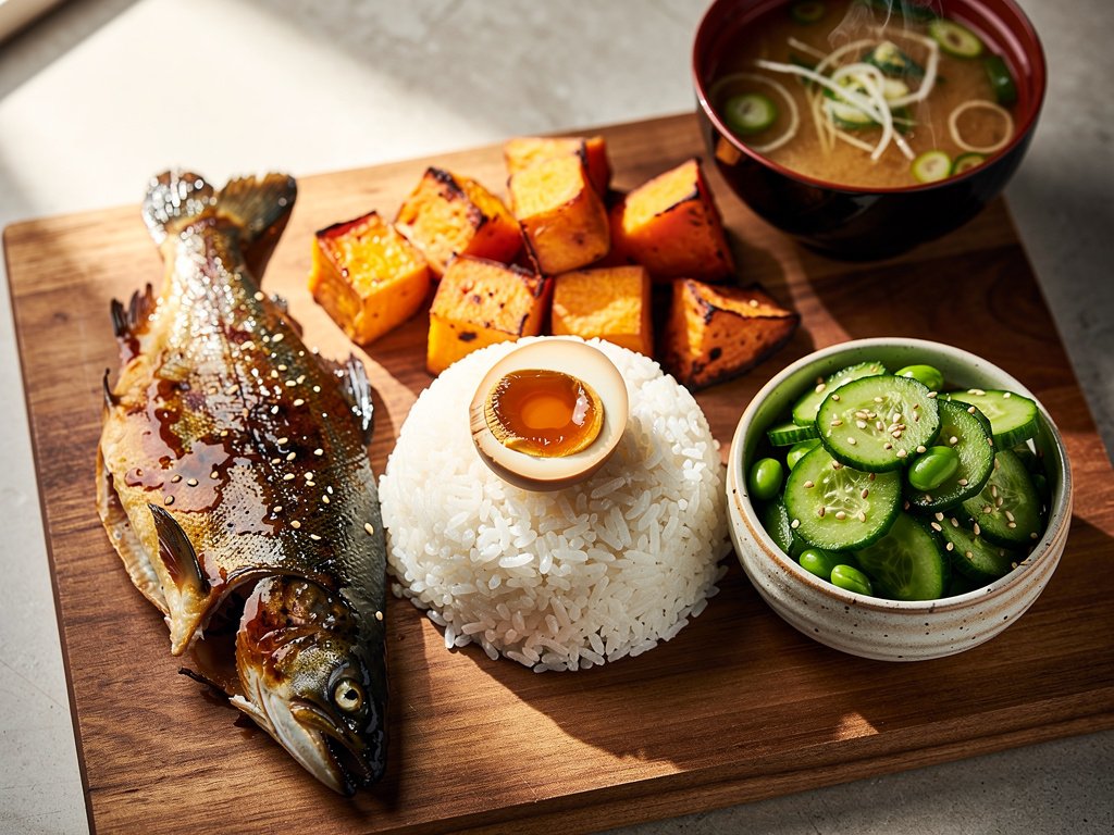 Yuzu Miso Glazed Trout with Sweet Potatoes and Edamame Salad