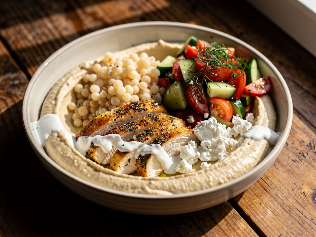 Za'atar Chicken Couscous Bowls with Hummus and Feta Sauce