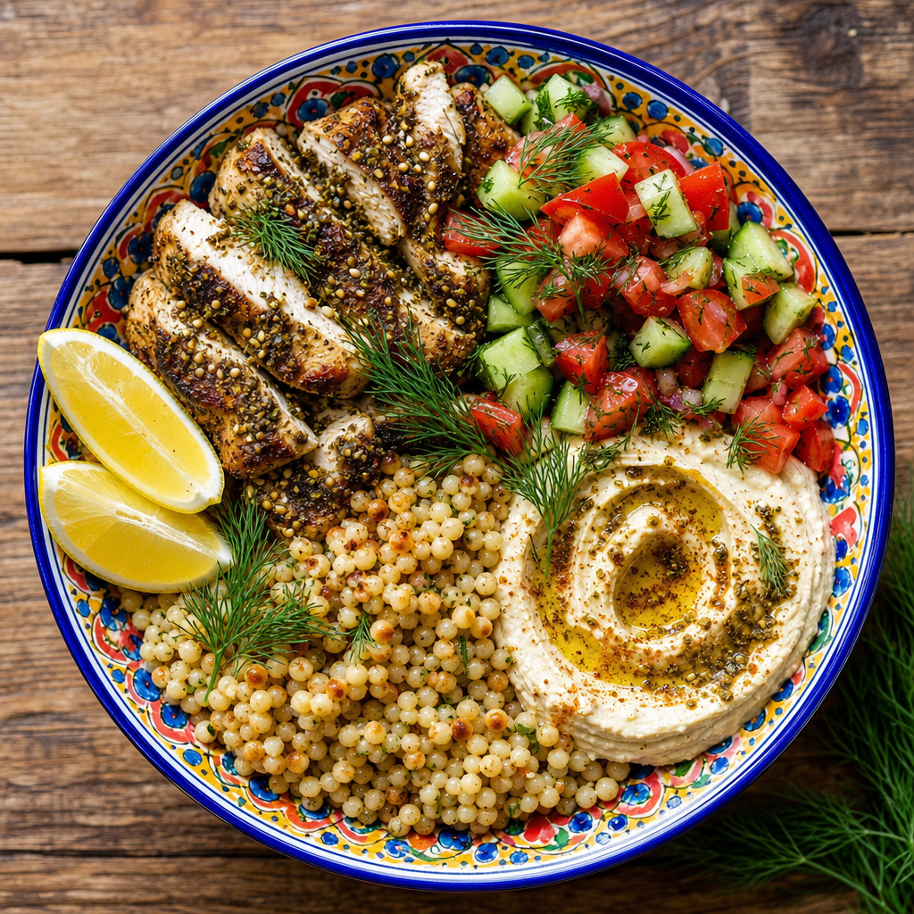 Za’atar Chicken Couscous Bowls with Hummus and Lemon Feta Sauce