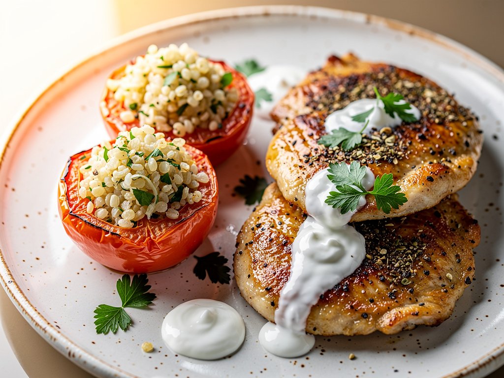 Za'atar Crusted Chicken with Bulgur-Stuffed Tomatoes and Lemon Garlic Yogurt Sauce